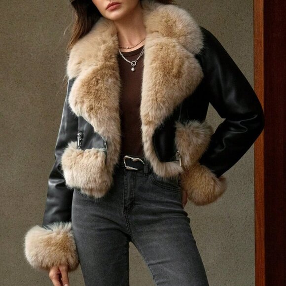 Black Casual Women's Faux leather Faux Fur Coat - Picture 3 of 7